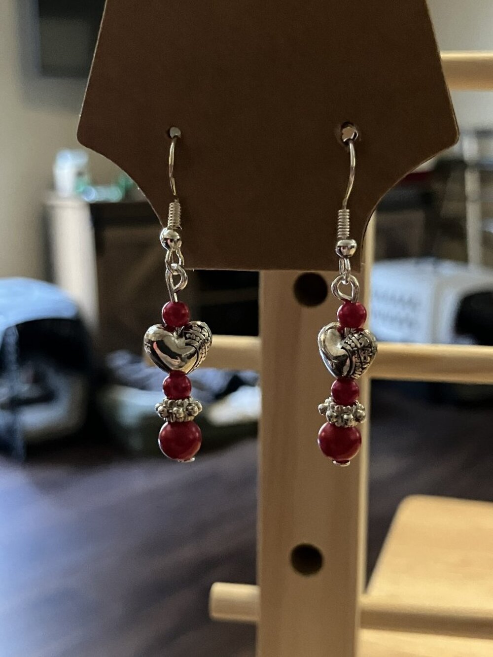 Heart Earrings with Red Beads with Silver accent